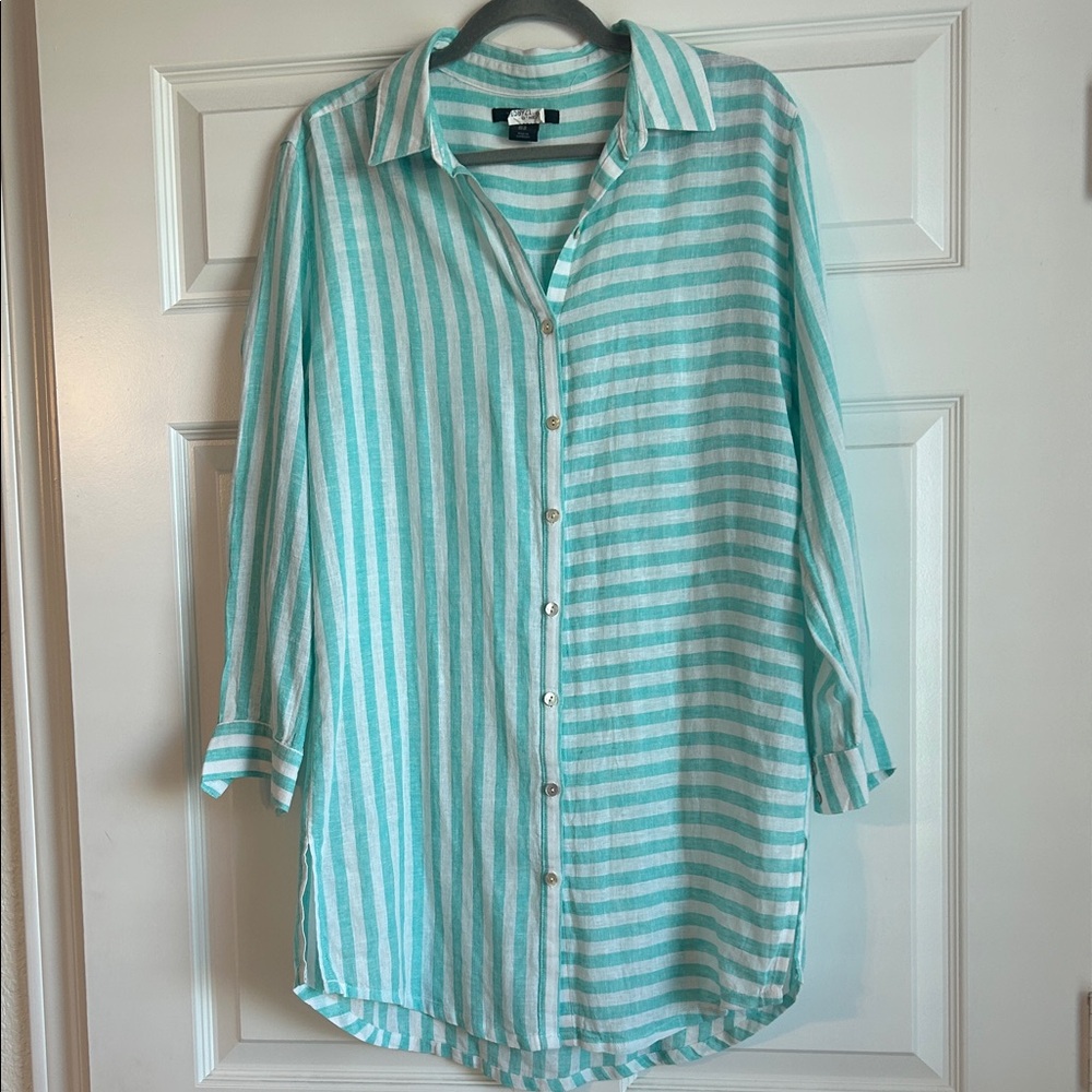 TAHARI Aqua and White Linen Striped Button-Up Swimsuit Cover-up or Tunic